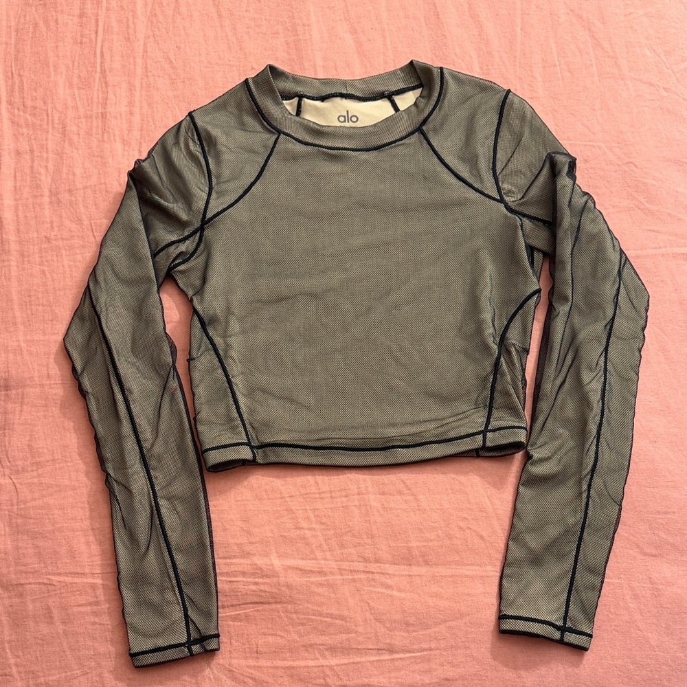 ALO Black Mesh Long Sleeve Crop Top